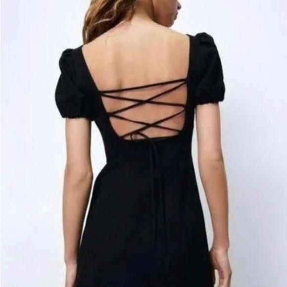 ZARA Linen Blend Puff Sleeve Tie Open Back Mini Dress Black Medium - Picture 1 of 5
